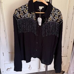 Black Western Shirt with Fringe and Embroidery